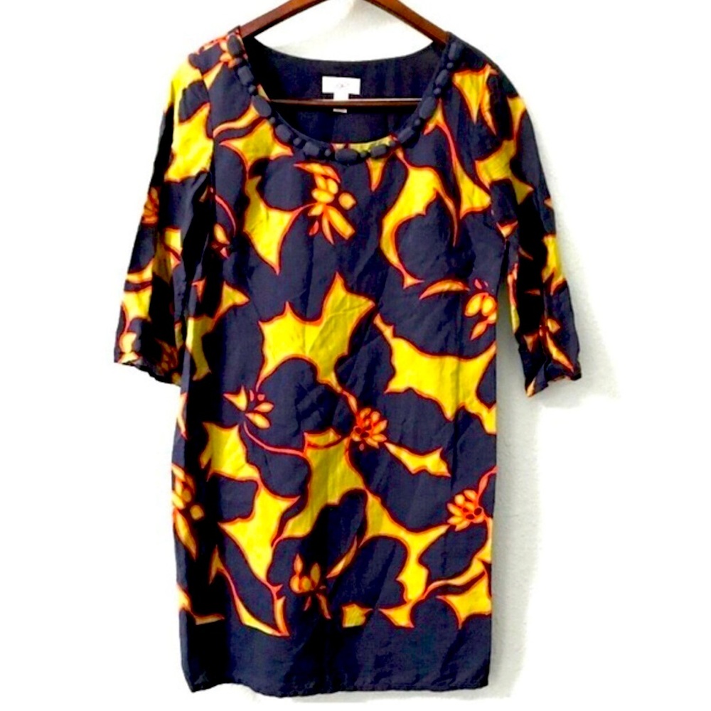 Loft Petites Sheath Dress Floral Orange Navy Half Sleeve Lined